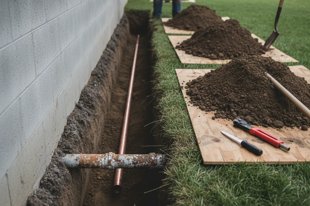 Excavated water line trench during Sewer Line Repair in Wabash